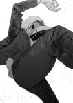  1boy arm_up chainsaw_man formal greyscale hatching_(texture) highres hood hood_up hoodie male_focus mask monochrome otsudou solo suit violence_devil_(chainsaw_man) white_background 