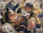  5boys :o anger_vein asirpa ass black_gloves black_hair dark_skin dark_skinned_male drinking facial_hair feet fighting glass gloves golden_kamuy hat highres indoors kepi koito_otonoshin korokoro_daigorou male_focus military military_hat military_uniform multiple_boys old old_man photo_(object) pulling scar scar_on_face scarf snot spilling stubble sugimoto_saichi tanigaki_genjirou teeth tsukishima_hajime uniform yellow_scarf 