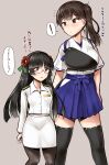  2girls brown_hair female_admiral_(kancolle) flower glasses hair_flower hair_ornament hakama_skirt highres hip_vent japanese_clothes kaga_(kancolle) kantai_collection little_girl_admiral_(kancolle) long_hair long_sleeves military military_uniform minase_(takaoka_nanase) multiple_girls muneate pantyhose ribbon side_ponytail simple_background skirt thigh-highs translation_request uniform 