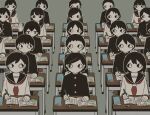  6+boys 6+girls @_@ absurdres avogado6 bangs black_hair black_jacket book buttons classroom commentary desk eraser gakuran grey_background hand_up highres holding holding_pen jacket long_hair looking_at_another multiple_boys multiple_girls o_o open_book original parted_bangs pen pencil ponytail school_uniform shirt short_hair simple_background sitting sweat swept_bangs upper_body wavy_hair white_shirt wide-eyed 