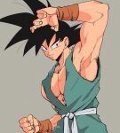  1boy arm_up armpits bare_arms black_eyes black_hair clenched_hand closed_mouth commentary_request copyright_request dougi dragon_ball grey_background kz_(dbz_kz) looking_to_the_side male_focus muscular muscular_male pectorals sash sideways_glance simple_background sleeveless smile solo son_goku spiky_hair upper_body wristband 