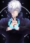  1boy absurdres black_jacket blue_eyes energy gojou_satoru grin hair_over_one_eye high_collar highres jacket jujutsu_kaisen kanniiepan long_sleeves looking_at_viewer male_focus own_hands_together short_hair smile solo upper_body white_hair 