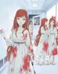  4girls barefoot blood blood_on_face blood_stain blood_trail bloody_clothes bloody_handprints bloody_hands bloody_knife bloody_weapon closed_mouth crack door dress exit_sign footprints glass gun handgun highres holding holding_gun holding_knife holding_weapon horror_(theme) indoors knife long_hair looking_at_viewer multiple_girls nanaju_ko number open_door open_mouth orange_hair original parted_lips red_eyes smile talking weapon whispering white_dress white_neckwear 