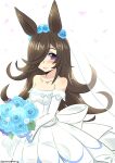  1girl :d absurdres animal_ears bangs bare_shoulders black_hair blue_flower blue_rose blush bouquet breasts collarbone commentary_request dress eyebrows_visible_through_hair eyes_visible_through_hair flower goma_(gomasamune) hair_flower hair_ornament hair_over_one_eye highres holding holding_bouquet horse_ears long_hair looking_at_viewer off-shoulder_dress off_shoulder open_mouth rice_shower_(umamusume) rose see-through simple_background small_breasts smile solo twitter_username umamusume veil very_long_hair violet_eyes white_background white_dress white_flower white_rose 