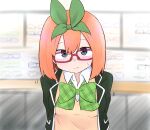  1girl arms_behind_back bangs bespectacled black_jacket blue_eyes blush bow breasts closed_mouth collared_shirt dress_shirt eyebrows_behind_hair glasses go-toubun_no_hanayome green_bow green_ribbon hair_between_eyes hair_ribbon highres indoors jacket kujou_karasuma looking_at_viewer nakano_yotsuba open_clothes open_jacket red-framed_eyewear ribbon shirt small_breasts solo sweat sweater_vest upper_body white_shirt 