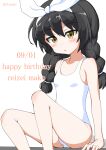  1girl :o absurdres alternate_hairstyle artist_name bangs black_hair blush braid breasts brown_eyes character_name commentary dated english_text eyebrows_visible_through_hair girls_und_panzer hair_ribbon hair_tie hair_up hairband happy_birthday highres ikuno_(ramaki4kan) long_hair looking_at_viewer one-piece_swimsuit parted_lips reizei_mako ribbon sitting small_breasts solo swimsuit twin_braids twintails white_background white_hairband white_ribbon white_swimsuit 