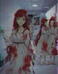  4girls barefoot blood blood_on_face blood_stain blood_trail bloody_clothes bloody_handprints bloody_hands bloody_knife bloody_weapon chromatic_aberration closed_mouth crack door dress exit_sign footprints glass glitch gun handgun highres holding holding_gun holding_knife holding_weapon horror_(theme) indoors knife long_hair looking_at_viewer multiple_girls nanaju_ko number open_door open_mouth orange_hair original parted_lips red_eyes smile talking weapon whispering white_dress white_neckwear 