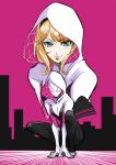  1girl black_hairband blonde_hair blue_eyes blush bodysuit commentary_request eyelashes gwen_stacy hairband happy hood light_blush looking_at_viewer marvel medium_hair pink_background sketch skin_tight smile solo spider-gwen spider-man:_into_the_spider-verse spider-man_(series) superhero tsukikage_oyama white_hood 