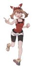  1girl ;d absurdres bangs bike_shorts blush bow_hairband bracelet brown_hair clenched_hand commentary_request eyelashes grey_eyes hair_between_eyes hairband highres jewelry knees leg_up may_(pokemon) odd_(hin_yari) one_eye_closed open_mouth pokemon pokemon_(game) pokemon_oras red_hairband red_shirt shirt shoes shorts sleeveless sleeveless_shirt smile solo tongue white_shorts yellow_footwear 