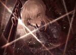  1girl armor artoria_pendragon_(all) bangs black_armor black_dress black_gloves blonde_hair dress eyebrows_visible_through_hair fate/grand_order fate_(series) finger_to_mouth from_below glint gloves hair_between_eyes hair_bun highres holding holding_sword holding_weapon ru_251 saber_alter sidelocks sword weapon yellow_eyes 