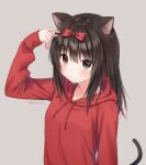  1girl animal_ear_fluff animal_ears anz32 arm_up bangs black_hair blush bow breasts brown_eyes cat_ears cat_girl cat_tail closed_mouth commentary_request drawstring eyebrows_visible_through_hair grey_background hair_between_eyes hair_bow hood hood_down hoodie long_hair long_sleeves original red_bow red_hoodie simple_background sleeves_past_wrists small_breasts solo tail tail_raised twitter_username 