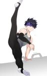  1boy arm_warmers artist_name black_hair black_pants blue_eyes blue_headband frown full_body gym_uniform gymnastics headband highres male_focus messy_hair minamino_tetsuo pants pommel_horse simple_background sleeveless solo stirrup_legwear sweat taiso_samurai tetsu_(teppei) toeless_legwear white_background white_legwear 