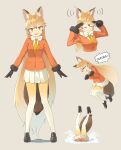  1girl absurdres animal_ears bow bowtie brown_footwear brown_fur brown_gloves brown_hair closed_eyes diving extra_ears ezo_red_fox_(kemono_friends) fox_ears fox_girl fox_tail full_body fur_trim gloves gradient gradient_legwear highres jacket kemono_friends loafers long_hair long_sleeves midair multicolored_hair multiple_views necktie orange_hair orange_jacket orange_legwear orange_neckwear pantyhose pleated_skirt shoes skirt solo tail upside-down white_legwear white_neckwear white_skirt y48179786 