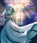  blurry blurry_background colored_skin commentary_request gardevoir gen_3_pokemon hand_up highres looking_back pokemon pokemon_(creature) shiny signature solo stained_glass white_skin yukichi_(tsuknak1) 