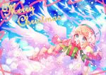  1girl :d angel_wings aqua_eyes bangs blonde_hair blush bow box braid character_request christmas dress eyebrows_visible_through_hair gift gift_box hair_bow hair_ornament hat hibi89 holding holding_gift layered_dress long_hair looking_at_viewer merc_storia merry_christmas open_mouth santa_hat sidelocks smile solo twin_braids upper_body very_long_hair white_bow white_dress white_headwear wings 
