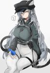  1girl ? animal_ears arknights bangs belt bird breasts earphones hat highres large_breasts long_hair mikojin schwarz_(arknights) tail white_background white_hair yellow_eyes 