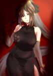  1girl absurdres alternate_costume bare_shoulders black_dress blush breasts brown_eyes brown_hair china_dress chinese_clothes dress earrings fate/grand_order fate_(series) highres jewelry large_breasts long_hair multiple_earrings ponytail shibao_aoyama very_long_hair yu_mei-ren_(fate) 
