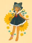  1girl adapted_costume ankle_flower barefoot blue_bow blue_dress blue_eyes blue_hair bow cirno dress flower full_body hair_bow morning_glory pleated_dress sailor_collar sleeveless sleeveless_dress solo sunflower tan tanned_cirno touhou yellow_background yujup 