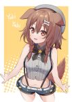  1girl alternate_costume animal_ears bangs bare_shoulders belt beret braid breasts brown_eyes brown_hair cosplay dog_ears dog_girl dog_tail eyebrows_visible_through_hair hair_between_eyes hair_ornament hat inugami_korone looking_at_viewer medium_breasts medium_hair midriff navel oozora_subaru oozora_subaru_(cosplay) open_mouth shorts simple_background smile solo standing syhan tail virtual_youtuber wide_hips 