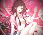  1girl 2014 apron bandaged_arm bandaged_leg bandages bandaid bangs blue_skirt blunt_bangs blurry blurry_foreground blush bow breasts commentary_request dangan_ronpa_(series) dangan_ronpa_2:_goodbye_despair depth_of_field hand_up happy_birthday holding holding_syringe long_hair looking_at_viewer medium_breasts mole mole_under_eye nurse open_mouth pill_bottle pink_background pink_shirt puffy_short_sleeves puffy_sleeves purple_hair shirt short_sleeves sitting skirt smile solo syringe tagme tsumiki_mikan upper_teeth white_background xsinon 