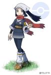  1girl absurdres artist_name black_hair commentary_request eyelashes female_protagonist_(pokemon_legends:_arceus) floating_hair floating_scarf full_body grass grey_eyes grey_legwear hand_up head_scarf highres holding holding_poke_ball leggings long_hair looking_at_viewer parted_lips poke_ball poke_ball_(legends) poke_ball_symbol pokemon pokemon_(game) pokemon_legends:_arceus ponytail red_scarf sash scarf sidelocks smile socks solo standing teru_zeta white_headwear 