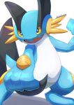  commentary_request fangs gen_3_pokemon highres no_humans open_mouth pokemon pokemon_(creature) signature skin_fangs solo standing swampert tanpakuroom toes tongue white_background 