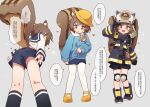  1girl :3 :d animal_ears arknights black_gloves black_legwear black_shorts blue_coat blue_sailor_collar blue_shirt blue_shorts brown_eyes brown_hair child chinese_text coat firefighter gloves hand_up hat heart highres kindergarten_uniform knee_pads large_tail long_sleeves looking_at_viewer mary_janes medium_hair mountain_han multiple_views open_mouth pantyhose sailor_collar salute school_hat school_uniform serafuku shaw_(arknights) shirt shoes shorts smile socks sparkle squirrel_ears squirrel_tail striped_tail sweat tail translation_request white_legwear white_shirt yellow_footwear 