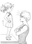  1boy 1girl bakugou_katsuki bare_arms bare_shoulders boku_no_hero_academia closed_mouth crossed_arms dress freckles from_side greyscale hair_ornament hand_on_hip highres looking_down looking_up monochrome short_hair smile sparkle spiky_hair standing sweatdrop tank_top twintails upper_body wengwengchim 