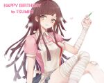  1girl apron bandaged_arm bandaged_leg bandages bandaid bangs blue_skirt blunt_bangs blush bow breasts commentary_request dangan_ronpa_(series) dangan_ronpa_2:_goodbye_despair hand_up happy_birthday holding holding_syringe long_hair looking_at_viewer medium_breasts mole mole_under_eye nurse open_mouth pink_shirt puffy_short_sleeves puffy_sleeves purple_hair shirt short_sleeves simple_background sitting skirt smile solo syringe tsumiki_mikan white_background xsinon 