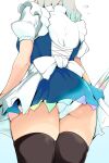  1girl ass blue_skirt commentary_request from_behind hekiga_(freelot) highres izayoi_sakuya knife maid panties pantyshot puffy_short_sleeves puffy_sleeves short_sleeves simple_background skirt solo thigh-highs thighs touhou underwear white_background white_panties 