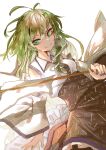  1girl absurdres antenna_hair blurry closed_mouth depth_of_field gohei green_eyes green_hair highres holding holding_stick kochiya_sanae long_hair murayo simple_background smile solo stick touhou white_background 