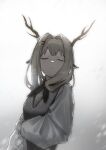  1girl absurdres arknights bangs character_request closed_eyes closed_mouth crossed_arms eyebrows_visible_through_hair highres horns long_hair maoxian_qiu_wan_maoxian monochrome neck_ribbon pointy_ears ribbon shirt simple_background solo standing tears white_shirt 