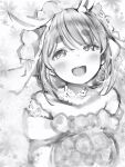  1girl :d animal_ears bouquet bridal_veil bride dress eyebrows_visible_through_hair flower greyscale highres holding hololive looking_at_viewer monochrome nanashi_(nlo) open_mouth rabbit_ears round_teeth smile solo teeth thick_eyebrows upper_body upper_teeth usada_pekora veil wedding_dress 