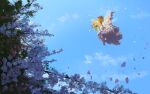  1girl blue_sky branch cherry_blossoms clouds cloudy_sky fairy fairy_wings flower highres landscape lily_white outdoors petals pink_flower sky smile solo spring_(season) touhou tree tree_branch ushitsuchi wings 