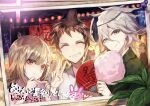  1girl 2boys ahoge brown_eyes brown_hair character_print closed_eyes closed_mouth commentary_request cotton_candy dangan_ronpa_(series) dangan_ronpa_2:_goodbye_despair fan fang green_kimono grey_hair grin hair_ornament hands_up heart hinata_hajime holding japanese_clothes kimono komaeda_nagito mask mask_on_head monokuma monomi_(dangan_ronpa) multiple_boys mura_karuki nanami_chiaki night outdoors paper_fan photo_(object) portrait short_hair silver_hair smile spaceship_hair_ornament translation_request uchiwa v 