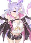  1girl arknights bat_wings blush chain_necklace frischenq hair_ornament hairclip hood hooded_jacket jacket looking_at_viewer manticore_(arknights) pointy_ears purple_hair scorpion_tail shorts solo tail violet_eyes wings 