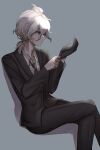  adjusting_clothes adjusting_gloves alternate_costume bangs black_jacket black_pants collared_shirt danchu_(danchu0628) dangan_ronpa_(series) dangan_ronpa_2:_goodbye_despair feet_out_of_frame formal gloves grey_background grey_hair grey_shirt hair_between_eyes hands_up highres jacket komaeda_nagito long_sleeves male_focus medium_hair necktie pants shirt short_ponytail simple_background single_glove sitting smile solo suit 