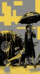  1girl artificial_eye bayonet black_jacket cyberpunk full_body gun heisy_ss highres holding holding_gun holding_weapon jacket limited_palette looking_at_viewer mechanical_eye necktie original outdoors rain robot standing umbrella weapon 