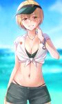  1girl :d bikini bikini_under_clothes black_bikini black_shorts blonde_hair blue_sky blurry blurry_background blush collarbone commentary_request day grin highres idolmaster idolmaster_shiny_colors k-chitsu looking_at_viewer midriff navel ocean open_mouth outdoors saijou_juri shirt short_hair shorts sky smile solo swimsuit violet_eyes visor_cap wet white_shirt 