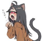  1girl ahoge animal_ears black_hair blush cat_ears cat_tail cyclops fangs highres long_sleeves looking_at_viewer muku-chan_(muroku) muroku_(aimichiyo0526) one-eyed open_mouth orange_shirt original paw_pose red_eyes shirt simple_background skin_fangs solo tail white_background 