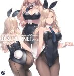 1girl animal_ears black_legwear black_leotard black_neckwear blonde_hair breasts bunny_tail closed_mouth cowboy_shot detached_collar ears_visible_through_hair eyebrows_visible_through_hair eyes_visible_through_hair fake_animal_ears fake_tail grey_eyes highres hornet_(kancolle) kantai_collection large_breasts leotard long_hair mole mole_on_breast multiple_views necktie pantyhose playboy_bunny rabbit_ears rokuwata_tomoe simple_background smile tail white_background wrist_cuffs zipper zipper_pull_tab 