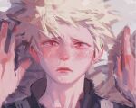  1boy absurdres bakugou_katsuki bangs blonde_hair boku_no_hero_academia close-up closed_mouth crying crying_with_eyes_open face frown highres lips looking_at_viewer male_focus messy_hair parted_lips portrait red_eyes short_hair slit_pupils solo_focus tears upper_body wengwengchim white_hair 