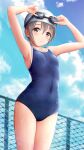  1girl :o absurdres armpits arms_up bangs bare_arms black_eyes blue_sky blue_swimsuit blush breasts brown_hair clouds collarbone fence goggles goggles_on_headwear hair_between_eyes highres idolmaster idolmaster_cinderella_girls looking_at_viewer masuku_(saint_mask) navel_piercing one-piece_swimsuit open_mouth otokura_yuuki outdoors piercing school_swimsuit sidelocks sky small_breasts solo swim_cap swimsuit wet wet_clothes wet_hair wet_swimsuit white_headwear 