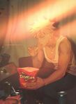  1boy absurdres alternate_costume artist_name bakugou_katsuki bangs blonde_hair boku_no_hero_academia can collarbone doritos earrings food highres holding holding_food indoors jewelry light male_focus nachos necklace open_mouth pants seat short_hair sitting solo spiky_hair table tank_top toned toned_male tongue wengwengchim white_hair 
