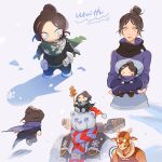  1girl 2boys alternate_costume animal_costume apex_legends bear_costume blue_eyes brown_hair chibi gibraltar_(apex_legends) goggles googly_eyes green_scarf hair_bun holding iwamoto_zerogo looking_ahead looking_to_the_side looking_up multiple_boys multiple_views octane_(apex_legends) on_head person_on_head purple_sweater reindeer_costume scarf snow surprised sweater wraith_(apex_legends) x_x 