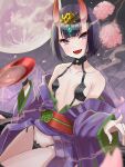  1girl bangs bare_shoulders bob_cut breasts collarbone cup eyeliner fate/grand_order fate_(series) headpiece highres horns japanese_clothes kimono long_sleeves looking_at_viewer makeup oni oni_horns purple_hair purple_kimono revealing_clothes sakazuki setta_shu short_hair shuten_douji_(fate) skin-covered_horns small_breasts violet_eyes wide_sleeves 