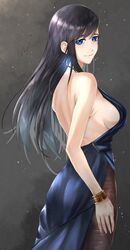  1girl back backless_dress backless_outfit bangs bare_shoulders black_hair black_legwear blue_dress blue_eyes bracer breasts burn_the_witch closed_mouth dress earrings evening_gown eyeshadow hair_behind_ear halter_dress halterneck highres horns jewelry large_breasts long_hair makeup mitsugu niihashi_noel pantyhose sideboob single_horn smile swept_bangs 