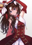  1girl arms_up bangs bare_shoulders blue_eyes breasts brown_hair closed_mouth commentary_request cowboy_shot detached_sleeves dress earrings elbow_gloves fate/stay_night fate_(series) fingerless_gloves gloves hair_ribbon highres holding holding_staff jewelry long_hair looking_at_viewer parted_bangs red_dress red_gloves ribbon shimatori_(sanyyyy) shiny shiny_hair smile solo staff standing thigh-highs tohsaka_rin two_side_up upper_body white_background 