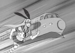  1girl 8_man_(series) clenched_hand derivative_work elbow_gloves feet_out_of_frame gloves greyscale ground_vehicle hair_ornament hairband kantai_collection long_hair midriff monochrome motion_lines parody running sailor_collar screencap_redraw seo_tatsuya shimakaze_(kancolle) sidelocks skirt solo striped striped_legwear thigh-highs train white_gloves 