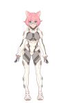  1girl :3 animal_ears arms_at_sides blue_eyes bodysuit cat_ears closed_mouth commentary_request concept_art dot_nose enkyo_yuuichirou full_body gloves grey_bodysuit grey_gloves looking_at_viewer original pince-nez pink_hair short_hair solo standing translated white_gloves 